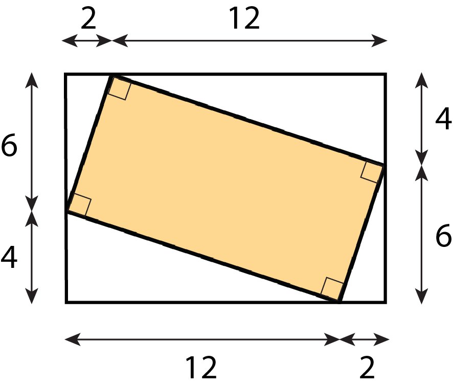 A shaded rectangle located at an angle within a larger rectangle. The sides of the larger rectangle are divided where the smaller rectangle contacts them. The longer sides are labeled 2 and 12 on each side of the divide, and the shorter sides are labeled 6 and 4 on each side of the divide.