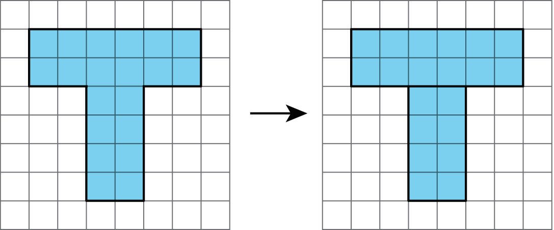 Two images of a t-shaped object. The upper portion is 2 units tall and 6 units wide. The stem of the “t” is 4 units tall and 2 units wide. The second image is the same, except there is a line separating the upper portion and lower portion into two rectangles.