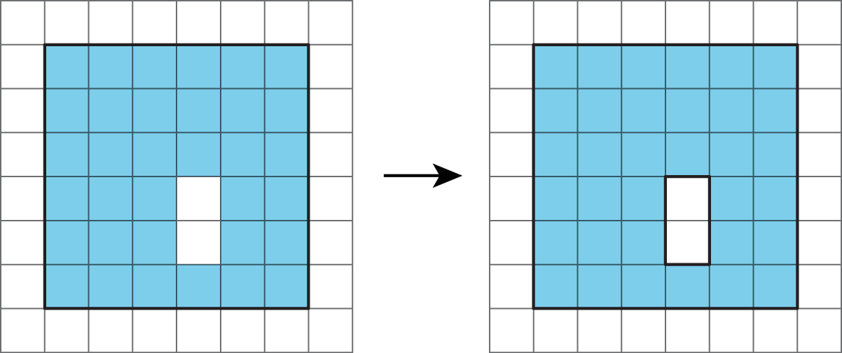 Two shaded squares in a grid. Each are 6 units square and each as a 1 unit by two unit portion that is unshaded.