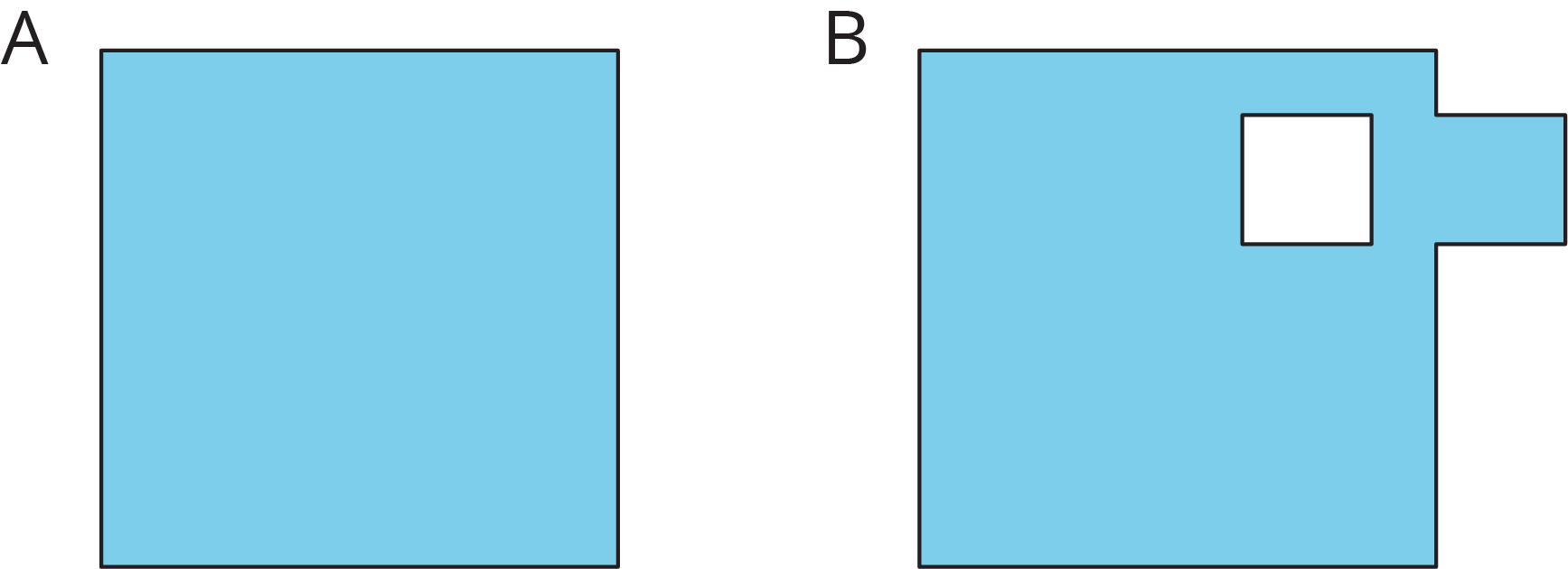 Square A, shaded. Square B identical to A, with a small shaded square removed in the middle and a small shaded square appended to its side.