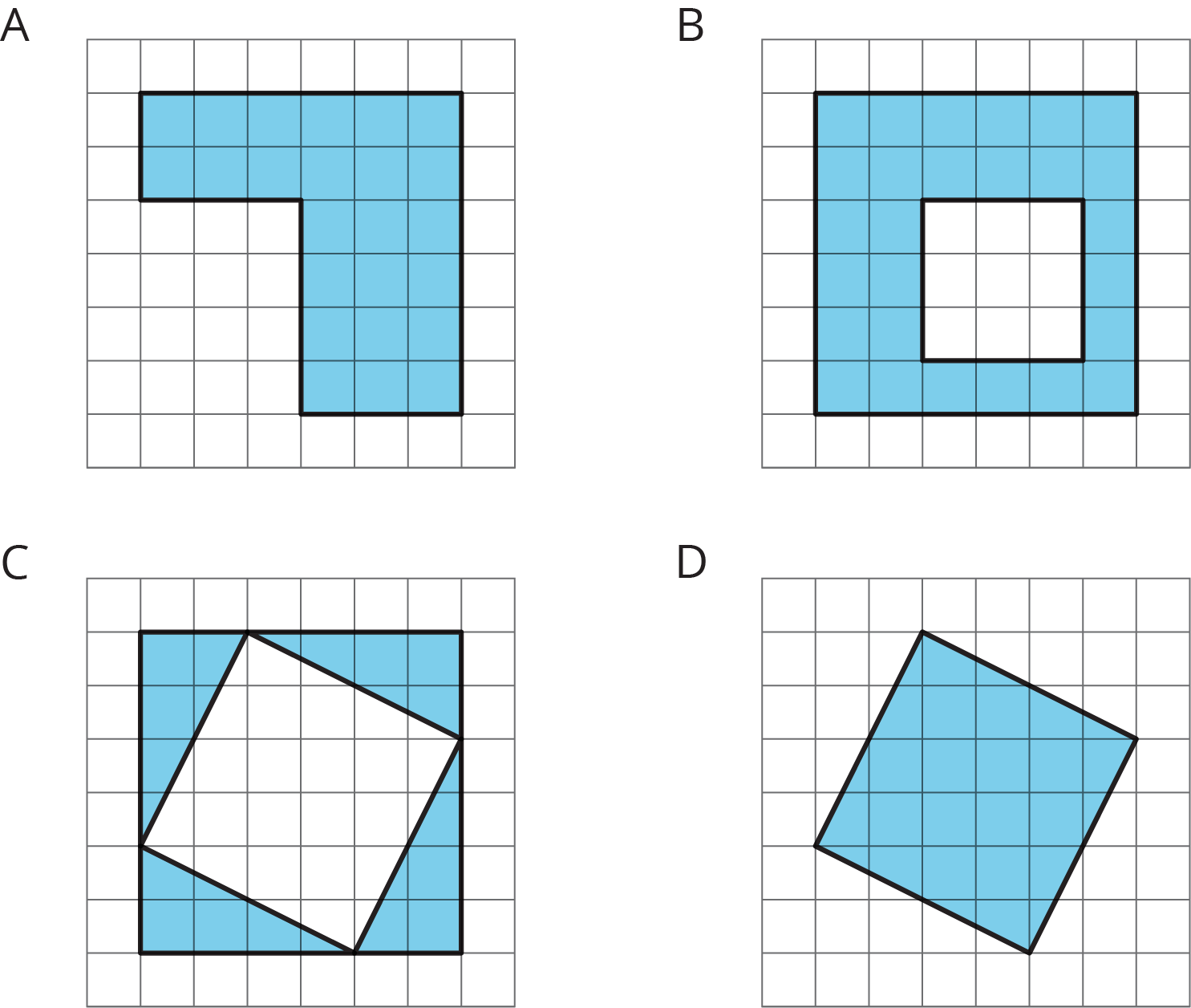 Four figures, each on a white square grid. Figure A is a green corner piece with 6 sides. Figure B a 6 by 6 green square with a 3 by 3 white square inside. Figure C a 6 by 6 green square with a tilted white square inside. Figure D is a green tilted square.