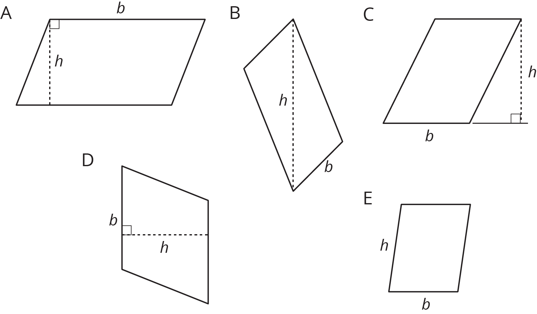 Five parallelograms labeled A--E.