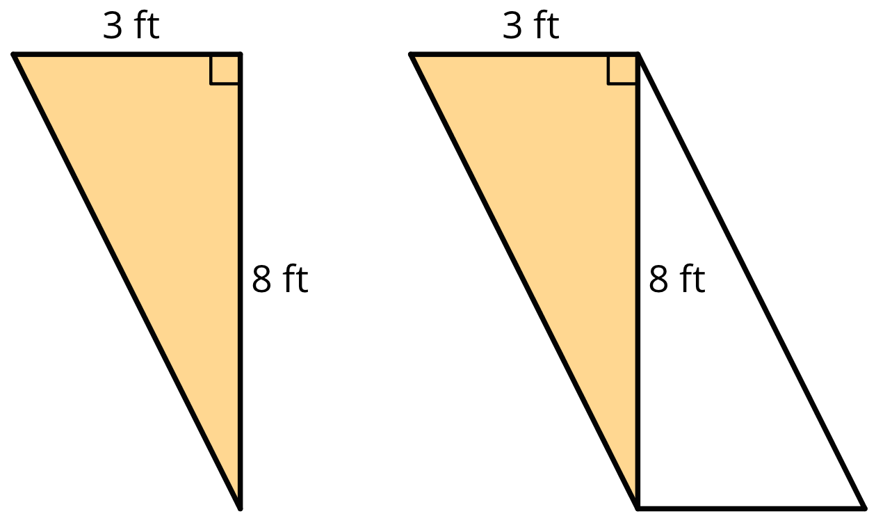 A triangle with one side labeled 3 feet and another labeled 8 ft. To the left is the same triangle with a copy composed along the 8 feet side to create a parallelogram.