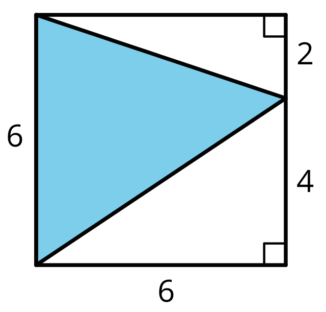 A square with a shaded triangle contained inside it. The left and bottom sides of the square are labeled six, and the right side is labeled 2 above the point where vertex of the shaded triangle meets the side, and 4 below the point where the vertex meets the side.