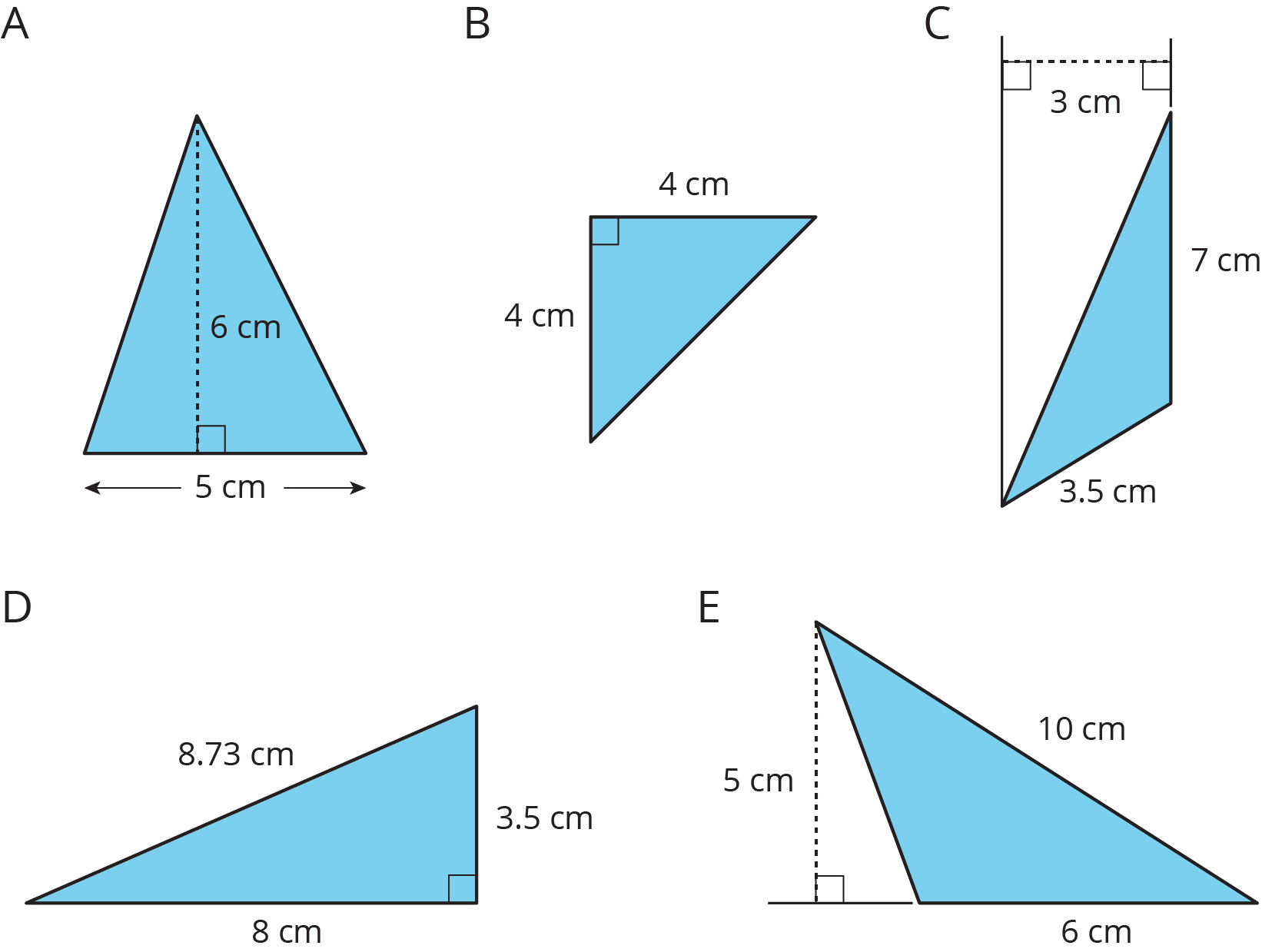 Five triangles, all measurements in centimeters: Triangle A has one side length of 5 with a perpendicular length of 6 from that side to the opposite vertex. Triangle B has sides of length 4, 4, and unknown with a 90-degree angle between the two known sides. Triangle C has side lengths 7, 3.5, and unknown. The perpendicular length from the side of length 7 to the opposite vertex is 3. Triangle D has side lengths 8, 3.5, and 8.73. There is a 90-degree angle between the sides of length 8 and 3.5. Triangle E has sides 10, 6, and unknown. The perpendicular length from the side of length 6 to the opposite vertex is 5