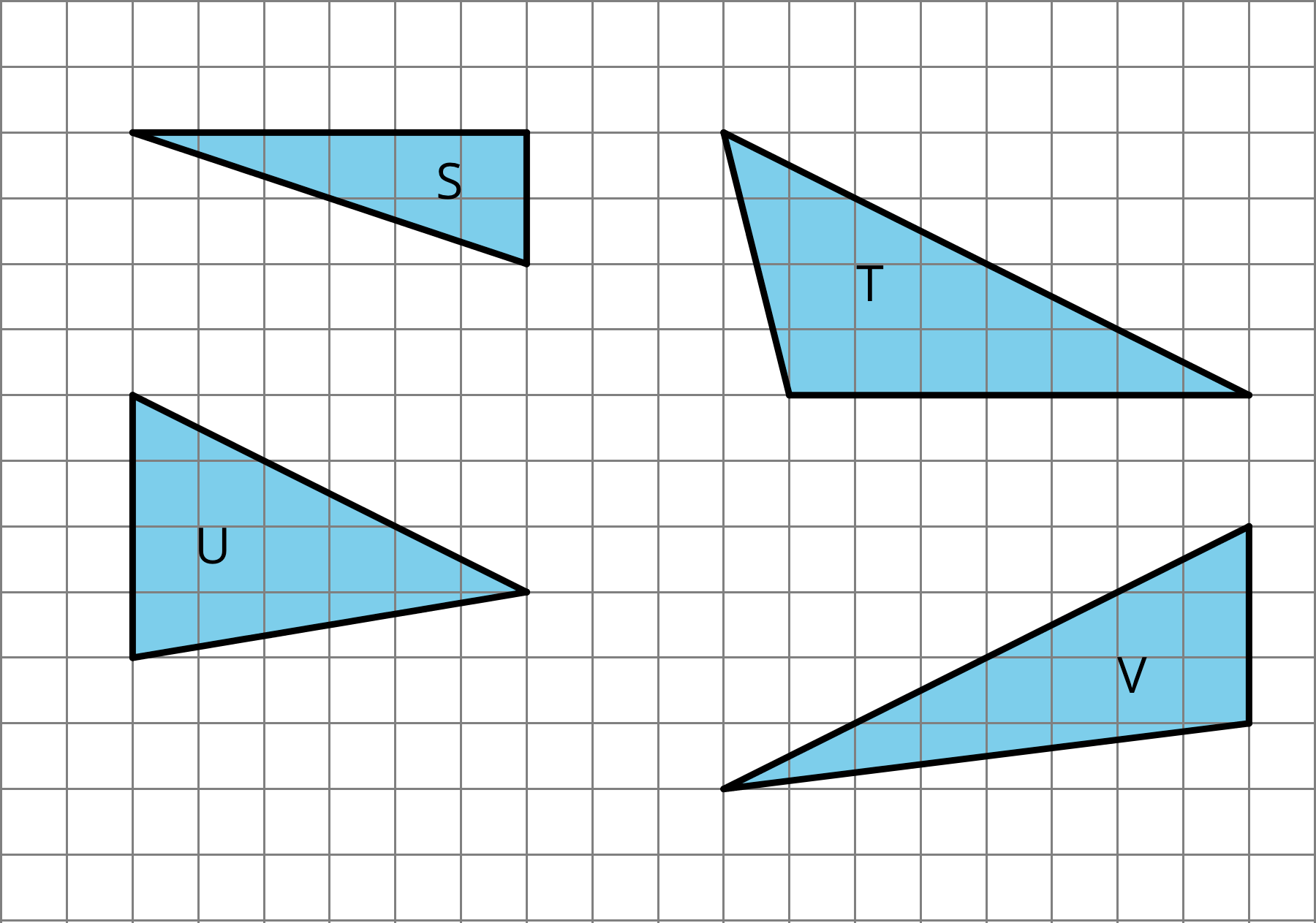 Four triangles on a grid, labeled S, T, U, and V.
