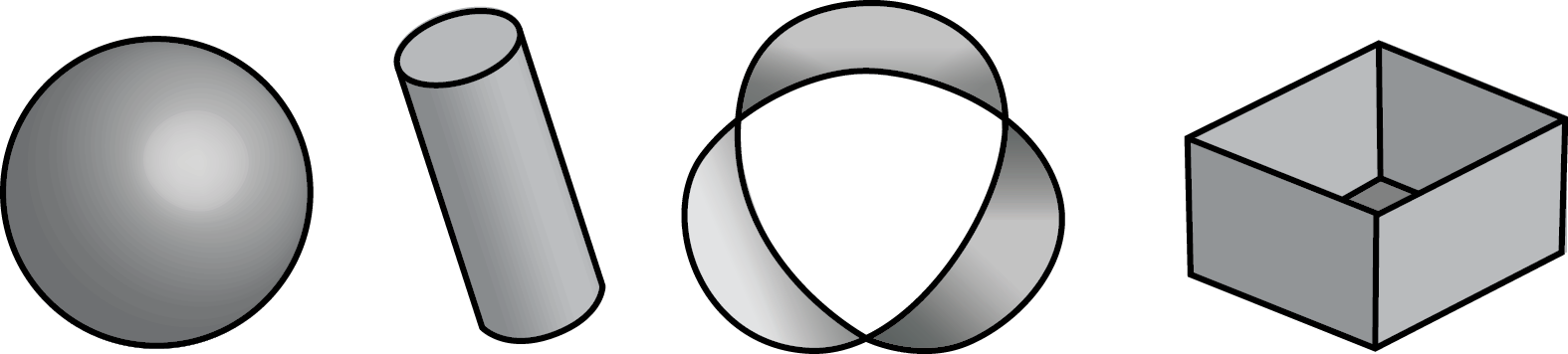a sphere, a cylinder, a strip with 3 twists joined end-to-end, and an open-top box.