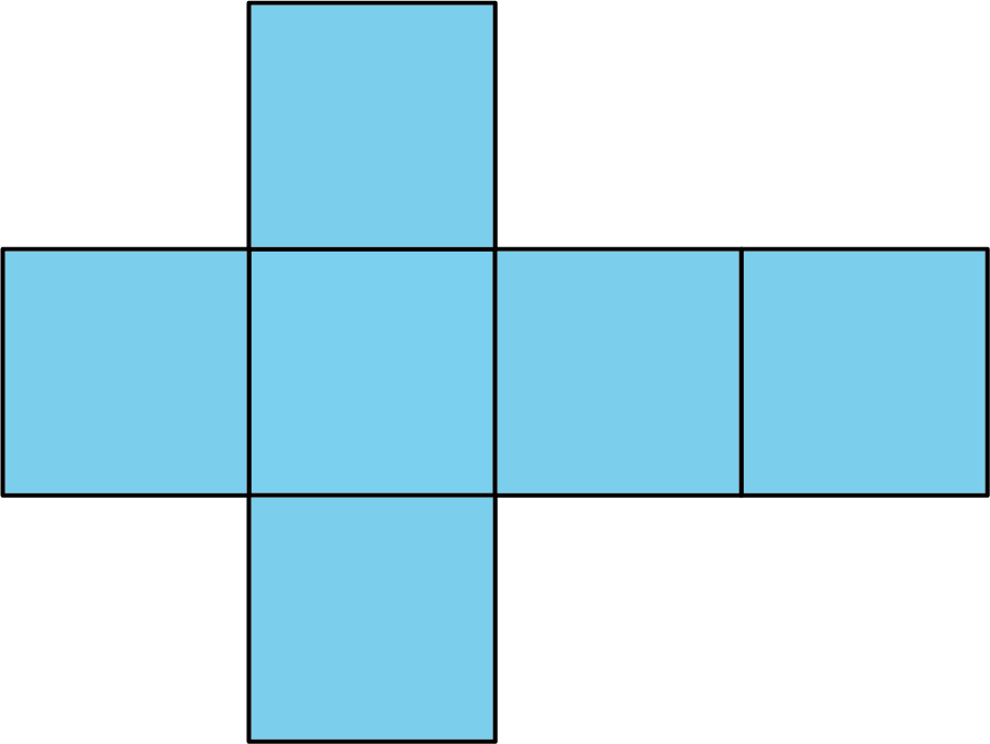 Six squares arranged with 4 in a row, 1 above the second square in the row, and one below the second square in the row.