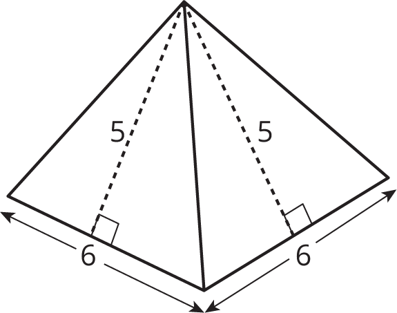 A square pyramid with a base of side length 6 and triangles of height 5.