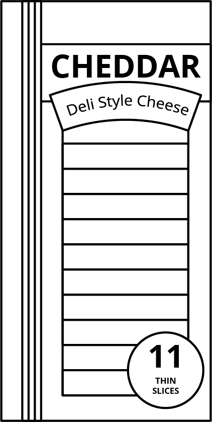 An image of a package of cheese slices. At the top of the package “Cheddar Deli Style Cheese” is labeled and at the bottom of the package, in a circle, “11 thin slices” are labeled.