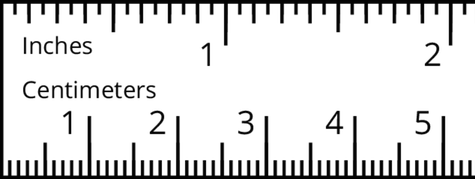  portion of a ruler with the top labeled inches and the bottom of the ruler labeled centimeters. The top of the ruler has the numbers 1 and 2 indicated. There are 15 evenly spaced tick marks between the beginning of the ruler and 1 and between 1 and 2. The bottom of the ruler has the numbers 1 through 5 indicated. There are 10 evenly spaced tick marks between the beginning of the ruler and 1, 1 and 2, 2 and 3, 3 and 4, and 4 and 5.