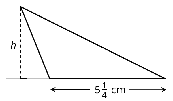 A triangle with a horizontal base labeled five and one fourth centimeters. A horizontal line is extended from the base and to the left. A vertical dashed line is drawn from the top right vertex to the extended base and a right angle symbol is indicated.