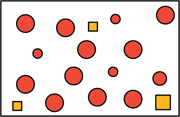 A set that consists of 17 shapes. There are 10 large circles, 1 medium circle, 3 small circles, 1 large square, and 2 small squares.