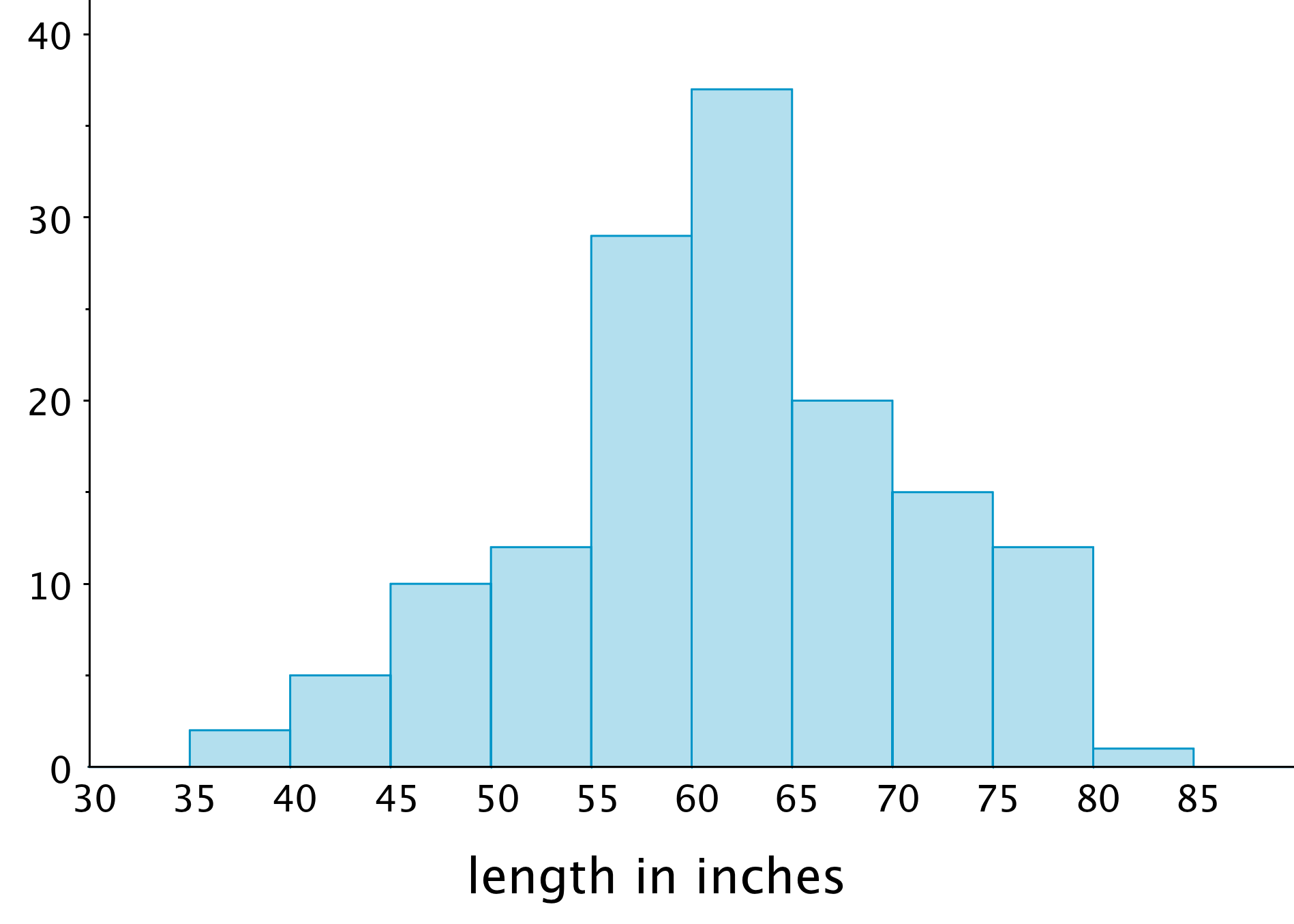 A histogram.  The horizontal axis is labeled “length in inches,” the numbers 30 through 85, in increments of 5, are indicated.  On the vertical axis, the numbers 0 through 40, in increments of 10, are indicated, with tick marks midway between.  The data represented are approximately:  length from 35 up to 40 inches, 2; length from 40 up to 45 inches, 5; length from 45 up to 50 inches, 10; length from 50 inches up to 55 inches, 11; length from 55 up to 60 inches; 30; length from 60 up to 65 inches, 37; length from 65 up to 70 inches, 20; length from 70 up to 75 inches, 15; length from 75 to up to 80 inches, 11; length from 80 up to 85 inches, 1.