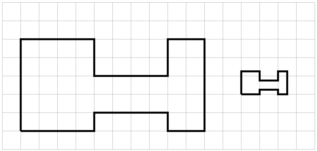 The height of the original H is 5 units. The width is 10. The center bar is 4 across. The height of the copy is about 1.25 units. The width is about 2.5. The center bar is 1 across.