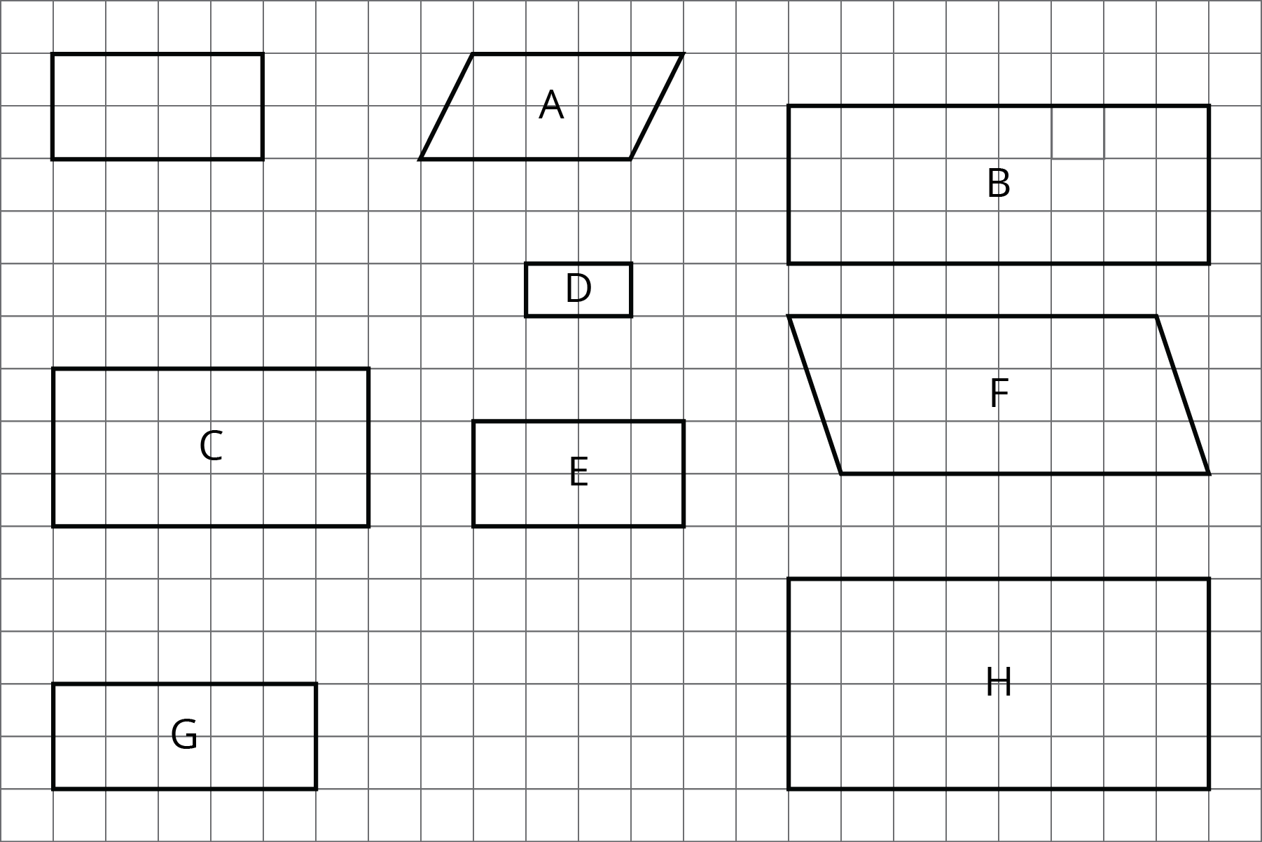 Original dimensions are 2 by 4. Figure A has side lengths of 4, diagonal side down 2, left 1, 4, diagonal side up 2, right 1. Figure B has side lengths 8, 3, 8, 3. C has side lengths 6, 3, 6, 3. D has 2, 1, 2, 1. E has 4, 2, 4, 2. F has 7, diagonal side down 3, right 1, 7, and diagonal side left 1, up 3. G has 5, 2, 5, 2. H has 8, 4, 8, 4.