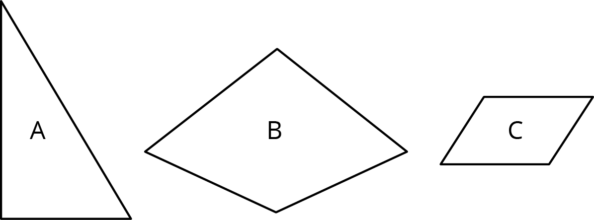 Three polygons labeled A, B, and C. Figure A is a right, scalene triangle resting on its horizontal shorter leg. Figure B is a quadrilateral with two pairs of sides of equal lengths. The shorter sides make a V shape and the longer sides make an upside-down V shape. Figure C is a parallelogram resting on one of its longer sides, tilted to the right.