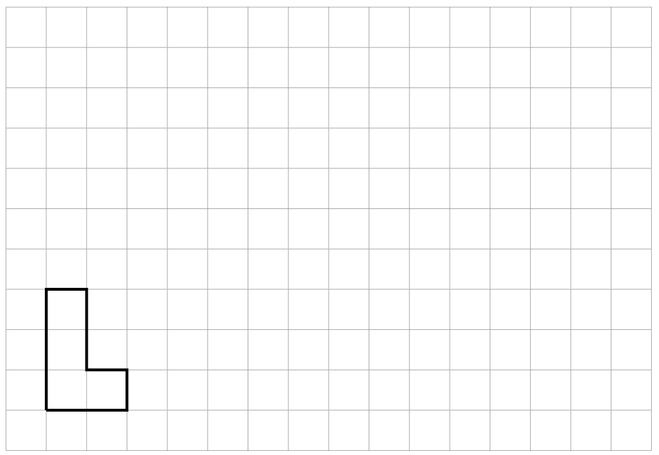 An L shaped figure on a square grid. The polygon is composed of two shapes: a rectangle adjoined with a square so that the bottom horizontal base of the polygon is 2 units. The rectangle is 1 unit wide and 3 units in length. The square is 1 unit wide and 1 unit in length. 