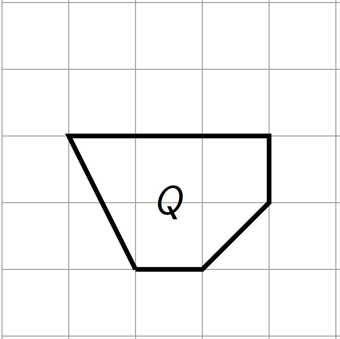 A polygon aligned to a square grid labeled Q. The polygon is made up of 4 shapes, joined together along their edges. On the left is a right triangle with a base of 1 unit and a height of 2 units. To the right of the triangle is a 2 unit by 1 unit rectangle aligned with its 2 unit side next to the 2 unit side of the triangle. To the right of this is a 1 unit square, on top of a one-half unit triangle.