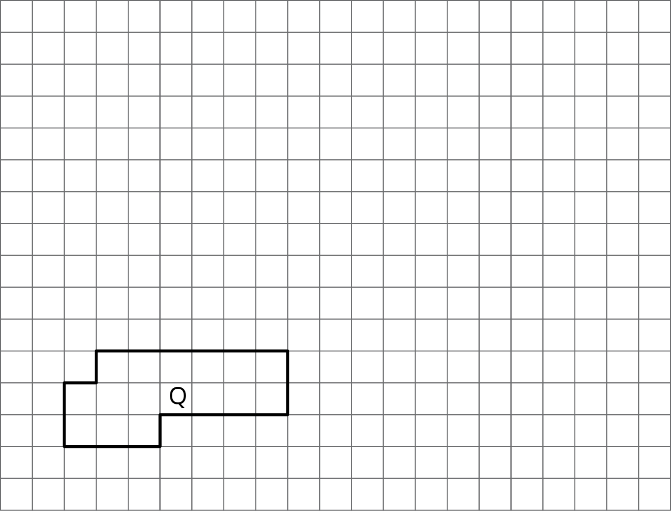 A polygon aligned to a square grid is labeled Q. The shape is composed of 3 rectangles. The left part of the shape is 2 squares tall and 1 square wide. The next part of the shape is 3 squares tall and 2 squares wide. The next part of the shape begins 1 square up from the bottom of the shape and is 2 squares tall by 4 squares wide.