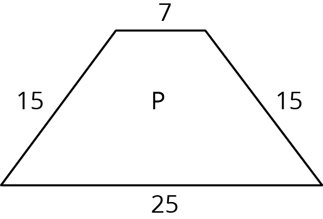 A trapezoid labeled P. The parallel sides form the top and bottom of the shape. The length of the top side is labeled 7 units and the length of the bottom side is labeled 15 units. The two legs that join the two parallel sides together are each labeled 15 units