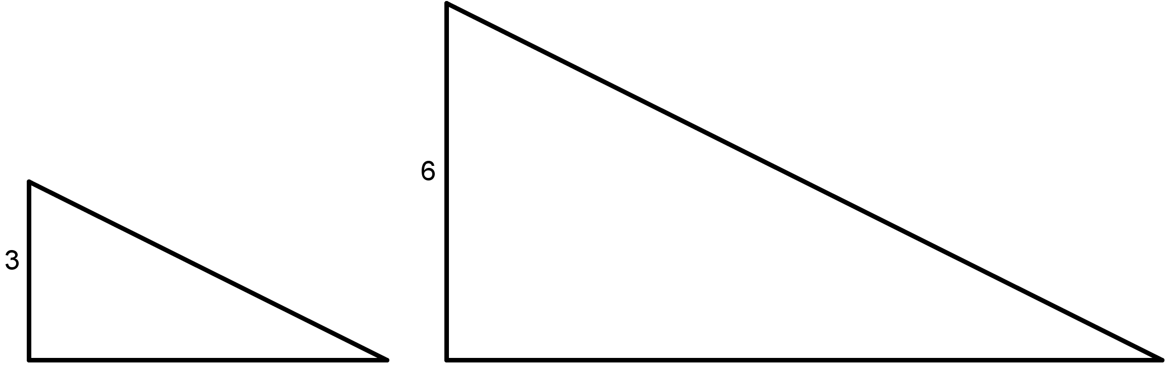 Small triangle has a height of 3. Large triangle has a height of 6.