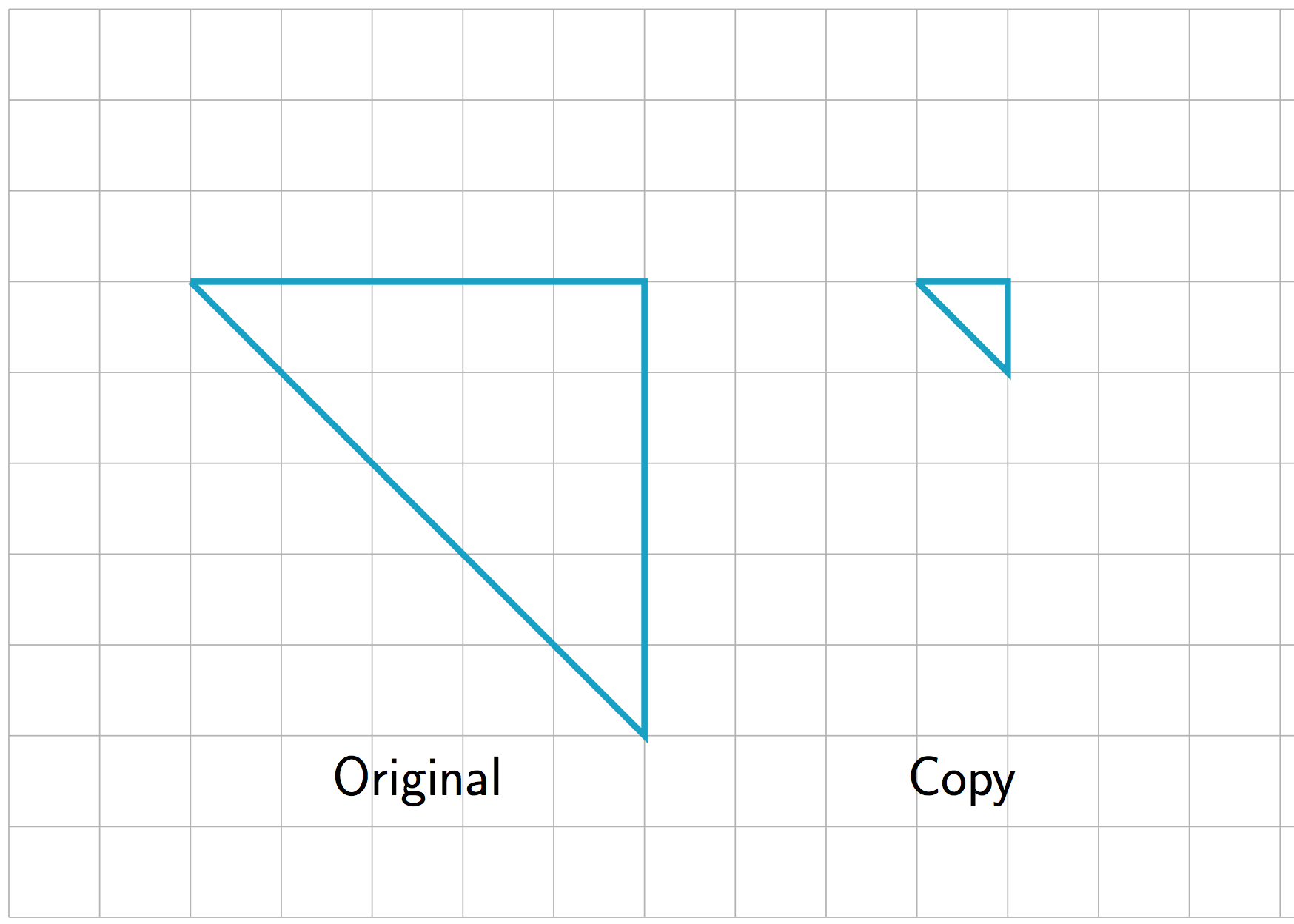 On a grid. Original triangle has sides of length 5, 5, and a diagonal length of down 5, over 5. The copy has side lengths of 1, 1, and a diagonal length of down 1, over 1.