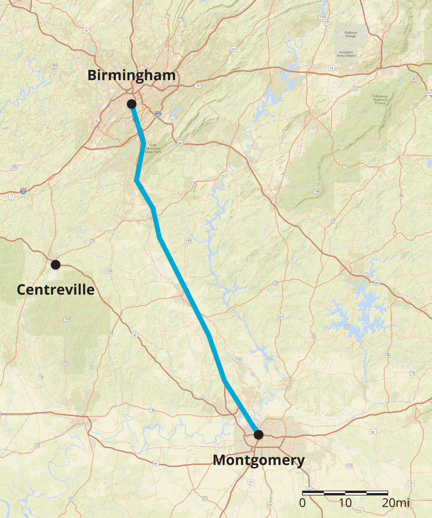 A map of a part of Alabama. Three points indicate three different cities on the map. The bottom point is labeled Montgomery, the middle point is labeled Centreville, and the top point is labeled Birmingham. A scale on the map shows 1 inch equals 20 miles. The distance between Birmingham and Montgomery is approximately 4 point 5 inches on the map.