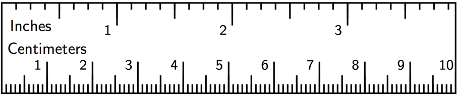 The ruler measures inches and centimeters. The inches are broken into eighths and the centimeters are broken into tenths.