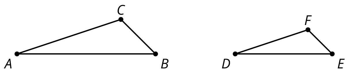 Two triangles labeled ABC and DEF. Triangle ABC has horizontal side AB with point B to the right of point A and point C is directly above side AB. Triangle DEF has horizontal side DE with point E to the right of point D and point F is directly above side DE.