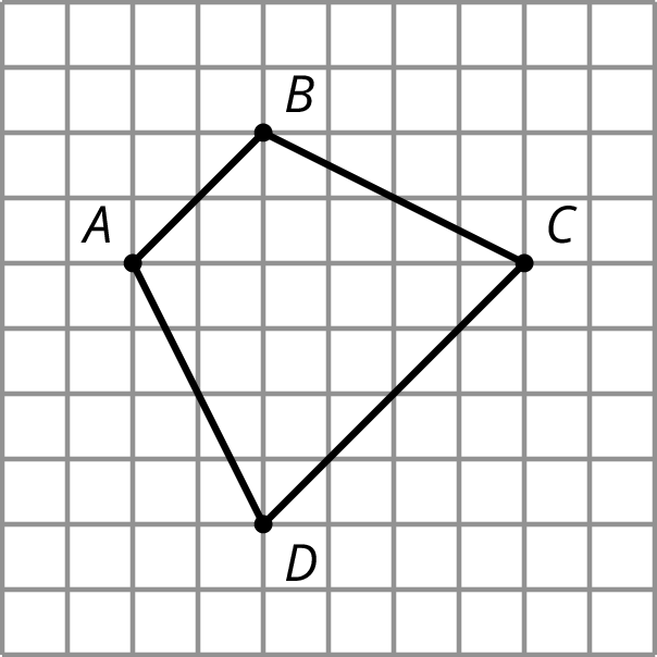 Quadrilateral ABCD is on a grid. Point a is 2 units right and 4 units down from the edge of the grid. Point B is 2 units right and 2 units up from point A. Point C is 6 units right from point A. Point D is 2 units right and 4 units down from point A.