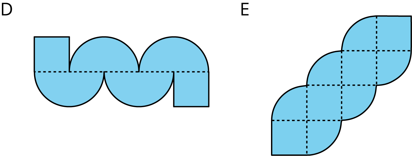 Two figures, labeled D and E. Figure D is composed of one square and two semi circles on top, and two bottom halves of circles and one square on the bottom. The top and bottom are divided by a horizontal dashed line. Fiqure E is composed of 4 squares and 6 quarter circles. The 4 square are arranged diagonally, where the top right vertex of the first square is the same point as the bottom left vertex of the second square, the top right vertex of the second square is the same point as the bottom left vertex of the third square, and the top right vertex of the third square is the same point as the bottom left vertex of the fourth square. The corner circles align in between the sides of each square.