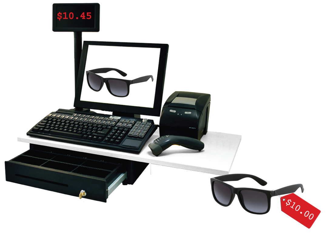 An image of a cash register, price scanner, and pair of sunglasses. The sunglasses have a price tag labeled ten point zero zero dollars. The display on the register indicates 10 point 4 5 dollars.