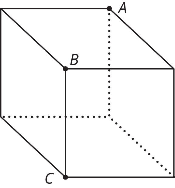 A cube is indicated. Point A is located on the back, top right vertex, Point B is located on the front, top left vertex, and Point C is located on the front, bottom left vertex