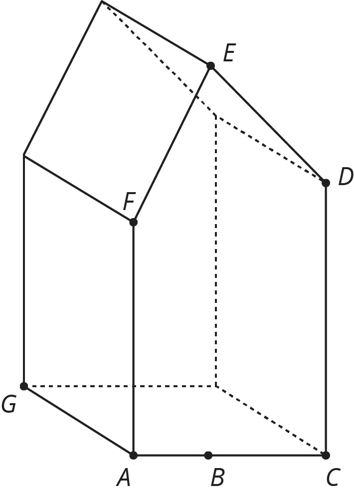 An irregular pentagonal prism labeled A C D E F is indicated with horizontal side AC. Sides AF and CD are vertical and point B lies on side AC. Point B is also directly underneath point E. Point G is the back, bottom left vertex of the prism. The height of the prism is labeled A G.