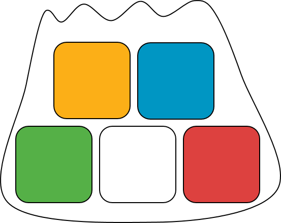 A bag with 5 different colored blocks. The bag contains one yellow block, one blue block, one green block, one white block, and one red block.