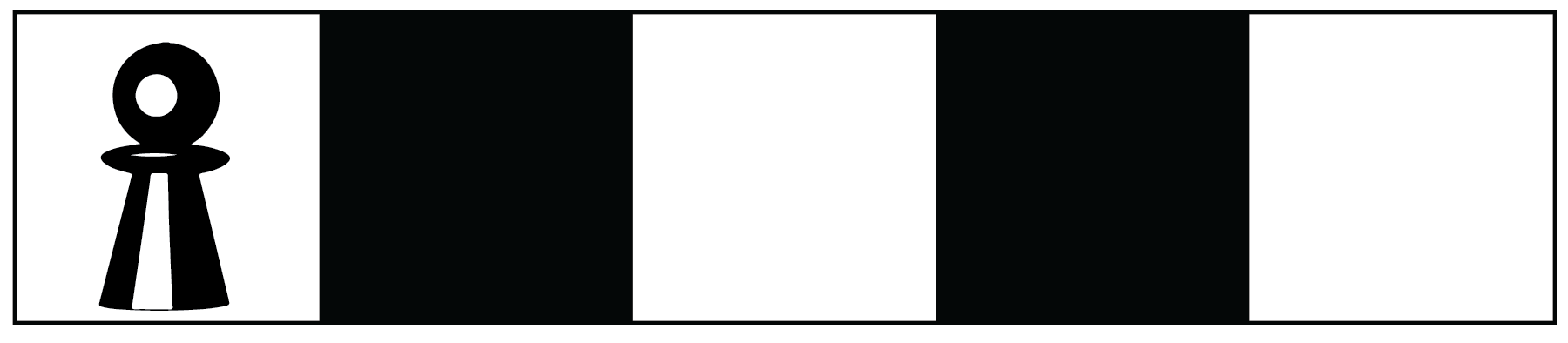 A game board with one row of alternating white and black squares. There are five squares in total and the board begins and ends with a white square. A playing piece is located on the first white square.