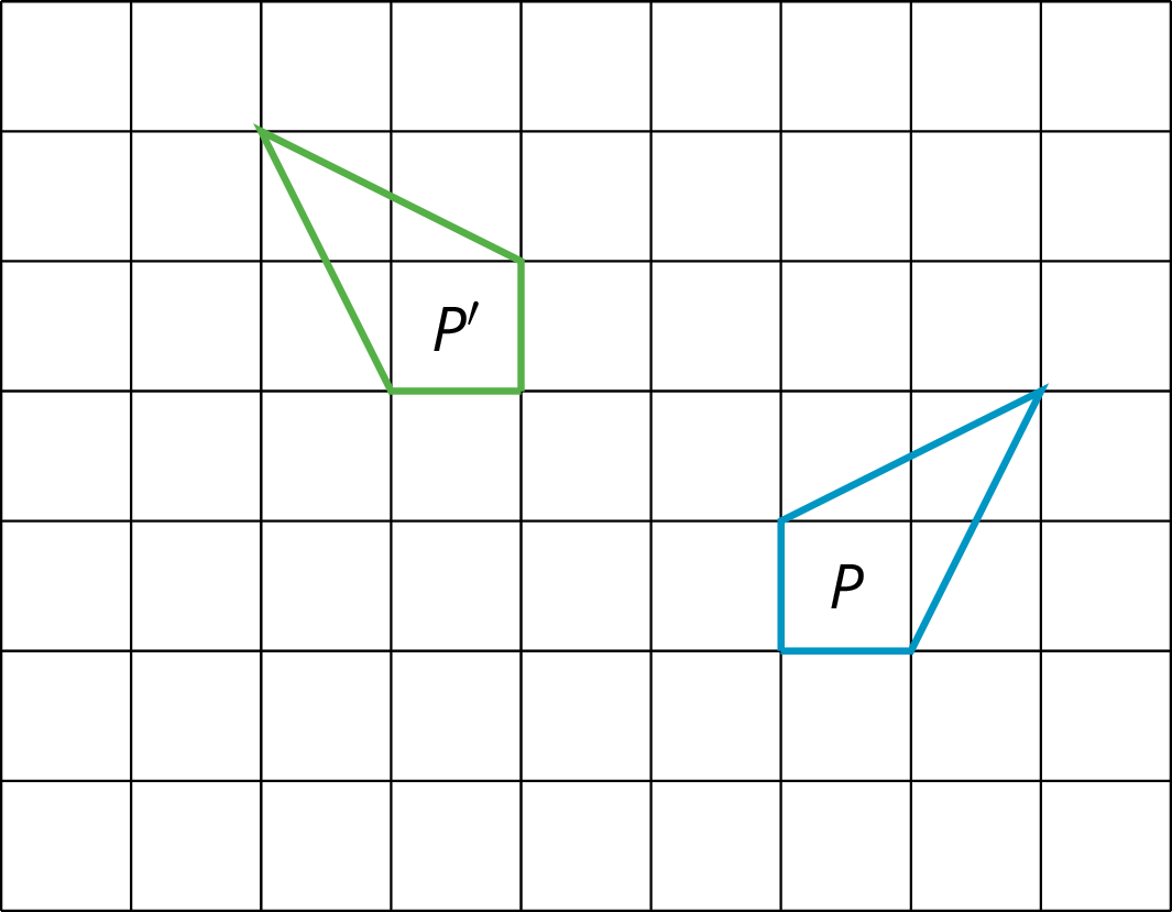Two identical polygons labeled P and P prime on a square grid