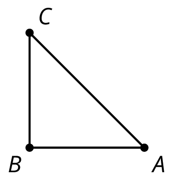 Right isosceles triangle A B C has horizonatl side A B with point A to the right of B, and has vertical side B C with point C directly above point B.