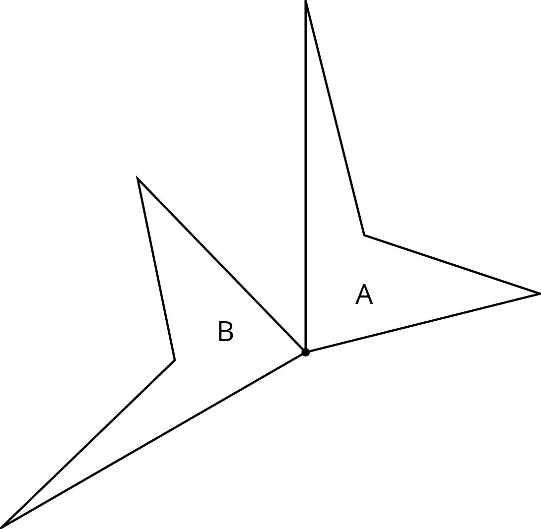 Two identical quadrilaterals labeled A and B that meet at a point.
