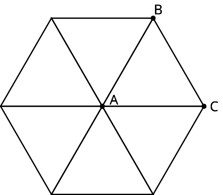 Six identical equilateral triangles are drawn such that each triangle is aligned to another triangle created a hexagon. One of the triangle is labeled A B C and all 6 triangles meet at the common point of A.