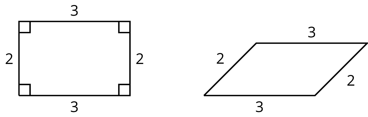 Two quadrilaterals each wides opposite sides of 2 units and 3 units. The left quadrilateral has four right angles and the right quadrilateral has opposite angle that are equal.