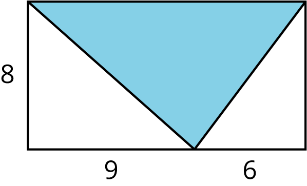 A rectangle with a point on the bottom side. Two line segments are drawn from the point to the top left vertex and from the point to the top right vertex of the rectangle creating 3 triangles. The left side of the rectangle is labeled 8. The segment from the bottom left corner of the rectangle to the point on the bottom side is labeled 9. The segment from the point on the bottom side to the bottom right corner is labeled 6. The middle triangle is shaded.