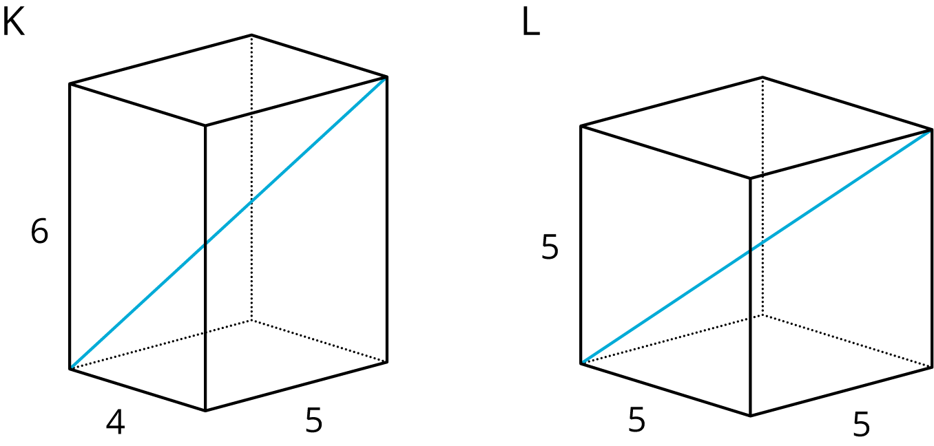 A rectangular prism labeled “K” and a cube labeled “L” are indicated. The rectangular prism has a side with a length of 5 units, a side with length of 4 units, and a vertical height with a length of 6 units. A diagonal is drawn from the bottom left vertex to the top right vertex of the prism. The cube has all side lengths of 5 units. A diagonal is drawn from the bottom left vertex to the top right vertex of the cube.