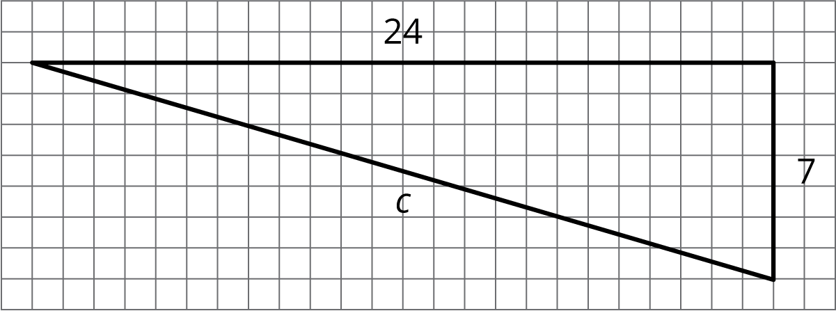 A right triangle on a square grid. The horizontal side has a length of 24 and the vertical side has a length of 7. The hypotenuse is labeled c.