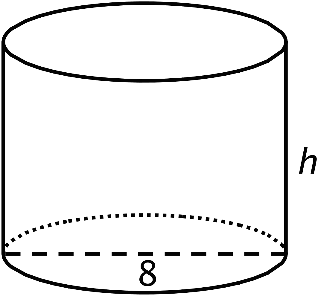 An image of a right circular cylinder with a diameter of 8 units and height labeled h.