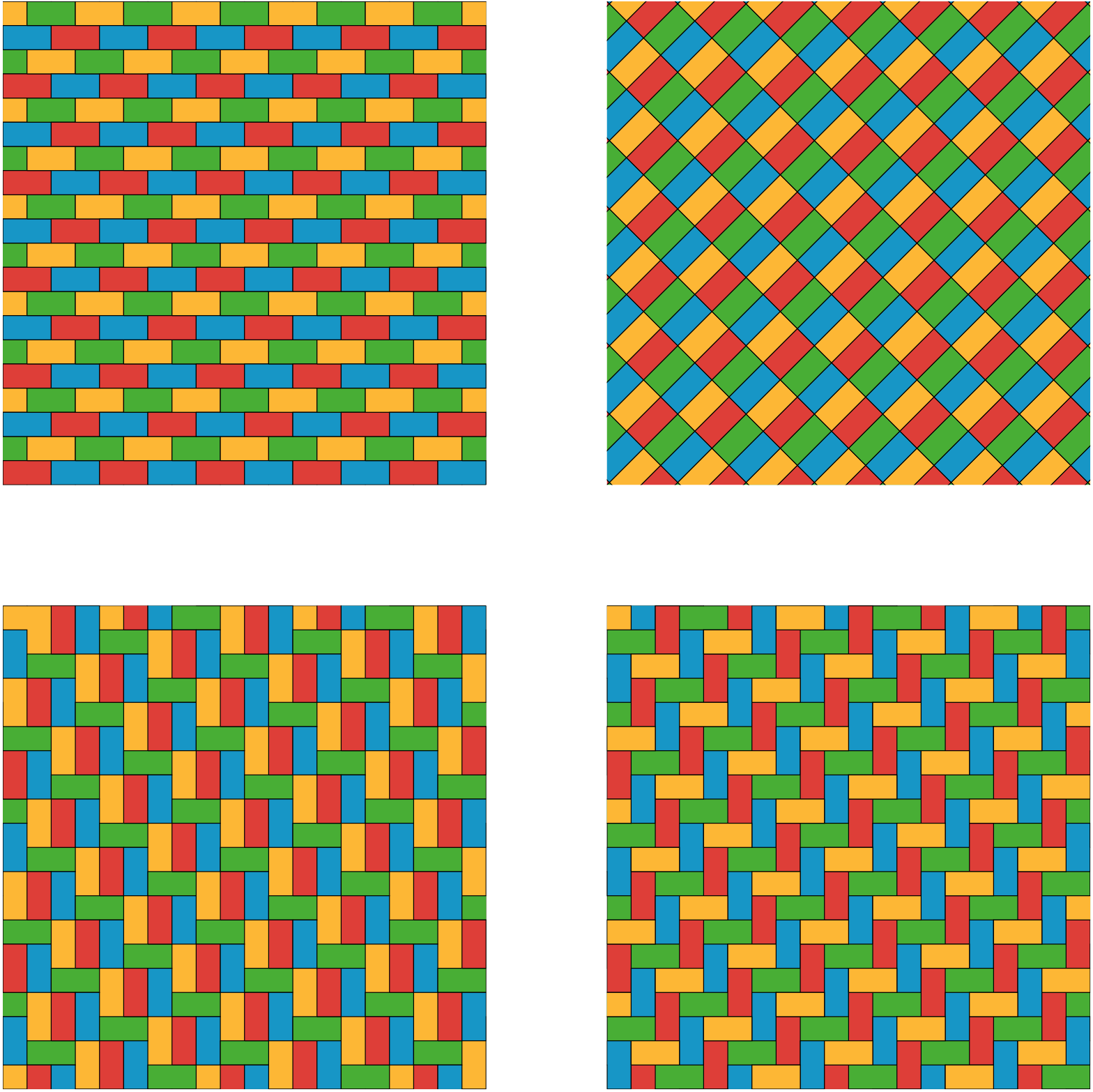 This should not be a alt text description. Tactile is needed.....Four tessellations.One tessellation has groups repeating rows of two rectangles. The first row has yellow and green alternating rectangles and the second row has blue and red alternating rectangles. Another tessellation has alternating blue and red alternating rectangles slanted upward and to the right. Below the red and blue rectangles are alternating yellow and green rectangles.  A third tessellation has groups of three rectangles next to one another, sharing the long sides: the long sides are vertical. In addition to these groups of three rectangles, there are single rectangles with the long side lying horizontally. A fourth tessellation has alternating rectangles placed horizontally then vertically.